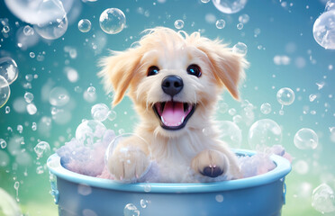 A cute little dog taking a bubble bath with his paws up on bubble the rim of the tub