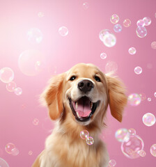 A cute little dog taking a bubble bath with his paws up on bubble the rim of the tub