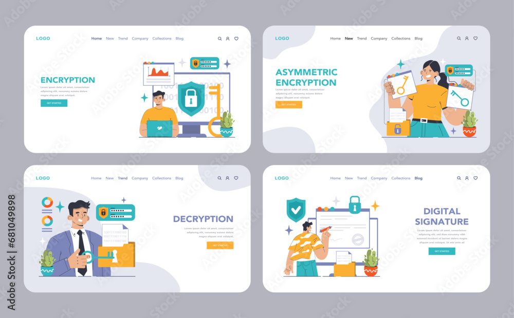 Poster data encryption web or landing set. personal information, internet access or database protection. cy