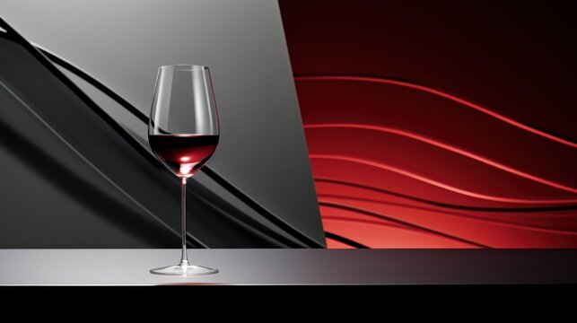  a glass of red wine sitting on top of a table next to a red and white wave design on the side of the glass and a red and black background.