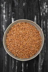 Wholegrain uncooked raw spelt in ceramic bowl