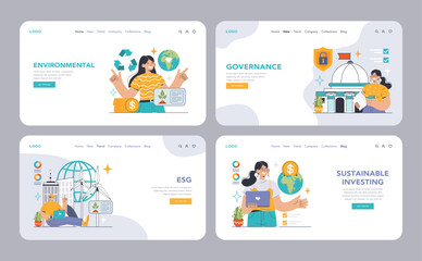 ESG web or landing set. Exploring Environmental, Social, Governance factors. Carbon footprint, sustainable investing, green bonds. Corporate social responsibility. Flat vector illustration