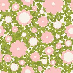 Cute pink flowers on green grass dotted background