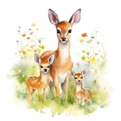 Obraz na płótnie Canvas watercolor representation of a deer family in a garden filled with colorful flowers. The parent deer and fawn are depicted playing in the natural setting among the vibrant blooms.