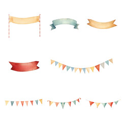 Clipart Hand drawn garlands, cute decoration for event and party design ribbon banner Watercolor 