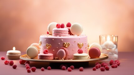  a pink and white cake sitting on top of a table next to a glass of water and a candle on top of a plate with red raspberries on it.