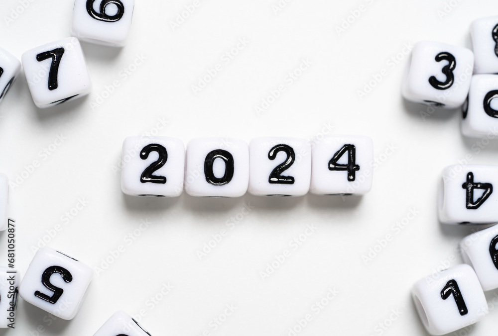 Poster 2024 year on white cube for preparation new year change and start new business target strategy conce