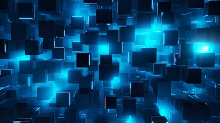 Abstract technology futuristic digital concept square pattern with lighting glowing particles square elements on dark blue background.