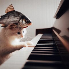 Cats playing piano in the most funny way - obrazy, fototapety, plakaty