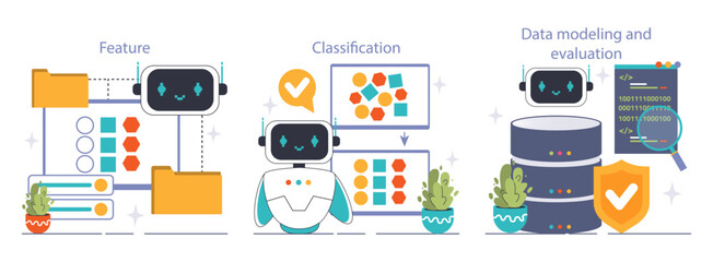 Machine Learning Process set. From data feature extraction to classification, and evaluation. A step-by-step guide to algorithms in AI. Flat vector illustration