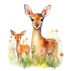 watercolor depiction of a deer family in a lively garden with colorful flowers. The parent deer and fawn are engaged in playful activities in the midst of the vibrant blooms.