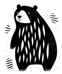 Hand drawn bear in a minimal linocut style. Black and white graphic illustration isolated on transparent background