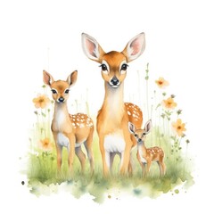 Illustration in watercolor featuring a family of deer in a colorful flower-filled safari garden. The deer mother and fawn are happily playing amidst the vibrant blossoms.