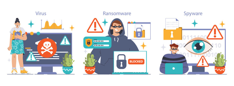 Cybersecurity set. Protecting data from threats. Users confronting various malware types: virus, ransomware, spyware. Adware dangers, botnet traps, worm intrusions. Flat vector illustration