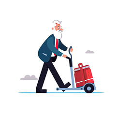 Businessman pushing manual trolley with santa claus character illustration daily activities working AI Generated