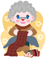 Grandma is knitting on the sofa and a dog is sleeping nearby