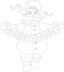 Cartoon boy in winter hat and scarf with merry Christmas banner graphic sketch template. Holliday vector illustration in black and white for games. Children's story book, coloring paper, page, book