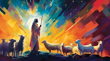 Fotobehang A shepherd in the field looking at the sky. Nativity of Jesus. Christmas concept. © PhotoGranary