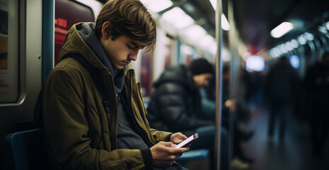 Connected in Transit: Young Man Engrossed in Smartphone on the Subway.