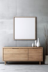Scandinavian-inspired wooden cabinet and dresser harmonizing with the cool tones of a concrete wall. A blank mock-up poster frame invites personalized artwork, completing the modern home interior.