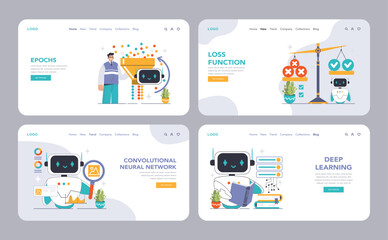 Neural Network web or landing set. Machine learning key concepts. Convolutional, recurrent networks, deep learning insights. Loss function, bias, epochs. Flat vector illustration