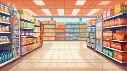 Supermarket aisle perspective view. Vector cartoon illustration of product shelves full of colorful cardboard boxes and food packages, bottles with beverages in refrigerator. Grocery store department