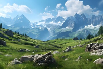 Fototapeta na wymiar Alpine area with large mountains and vegetation