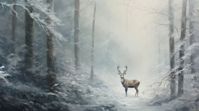  a painting of a deer standing in the middle of a forest with snow on the ground and trees on both sides of the path, with fog in the background.
