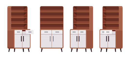 Cupboard brown set, storage kitchen pantry, cabinet or buffet. Functional and attractive open shelf with drawer. Vector flat style cartoon home, office furniture objects isolated on white background