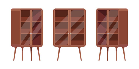 Small bookcase brown set, solid hardwood storage unit, wood feet. Living or study room book display cabinet. Vector flat style cartoon home, office furniture objects isolated on white background