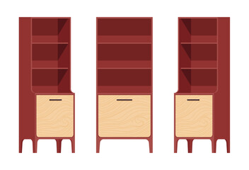 Cupboard brown set, kitchen storage open shelf display cabinet organizer. Bedroom, bathroom, living room decor. Vector flat style cartoon home, office furniture objects isolated on white background