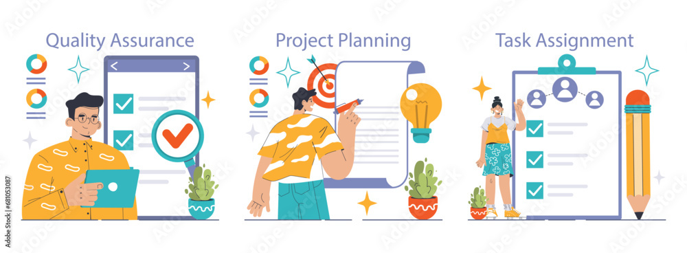Poster project management set. ensuring quality, outlining strategy, delegating tasks. productivity workflo