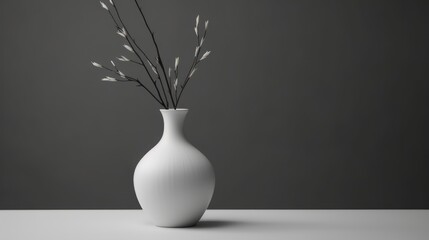  a white vase with flowers in it sitting on a table next to a gray wall and a gray wall behind the vase is a black and white wall behind the vase.
