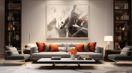 A contemporary living room with high-end furniture and modern art. A designer sofa and artistic...