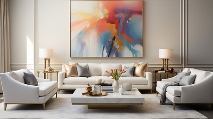 A contemporary living room with high-end furniture and modern art. A designer sofa and artistic coffee table are surrounded by abstract sculptures and paintings. 