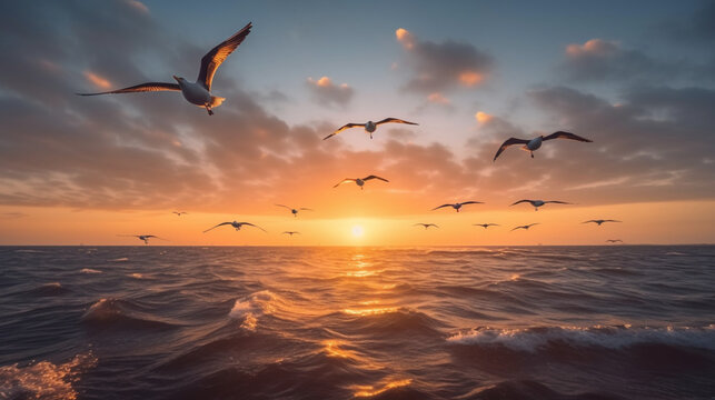 Oiseaux volant dans le ciel au dessus de la mer et d'un coucher de soleil. Ambiance calme, paradis, coloré. Paysage. Pour conception et création graphique