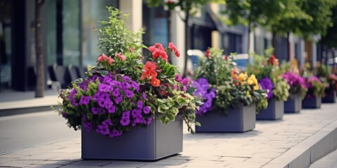Fototapeta na wymiar Road Flower Pot, Street Bed, Modern City Floristry, Urban Flowerbeds Design, City Flowers Landscaping