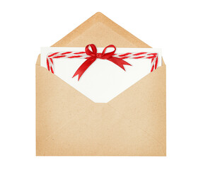 one open brown envelope with a congratulatory note and a red bow
. place for text