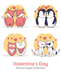 Valentine's Day Animal Couple Collection Of Fox Penguin Owl And Dog