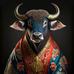 Chinese Year of the Ox. Buffalo dressed in traditional Chinese attire. Horoscope for 2024