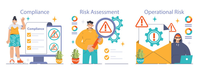 Risk Management set. Compliance protocols with checklist, assessment of threats, and mitigation of operational risks. Strategic business planning process. Flat vector illustration - obrazy, fototapety, plakaty