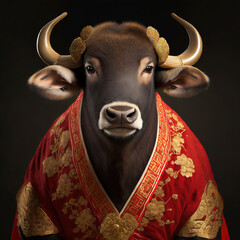 Chinese Year of the Ox. Buffalo dressed in traditional Chinese attire. Horoscope for 2024 - obrazy, fototapety, plakaty