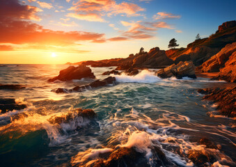 Beautiful seascape with rocks and waves, sunset on the ocean