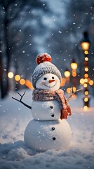 A cheerful snowman in the snow at night on the street among the lanterns. Vertical image of a funny snowman in a hat with a scarf ,Christmas background,generative AI. 
