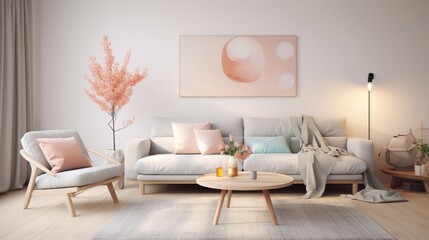 A Scandinavian-inspired living room with light wood floors, a comfortable grey sofa, and pops of pastel colors in the decor. - obrazy, fototapety, plakaty