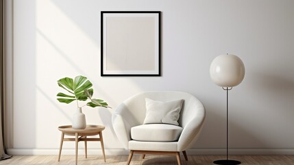 A simple white frame on a plain wall in a living room with a comfortable armchair, a small round table, and a floor lamp. - obrazy, fototapety, plakaty
