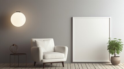 A simple white frame on a plain wall in a living room with a comfortable armchair, a small round...