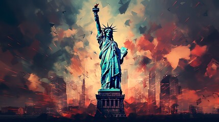 The United States close up flag on a grunge backdrop statue of liberty, ideal as a background for...