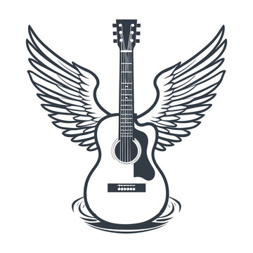 Guitar with wings illustration, isolated on transparent background.