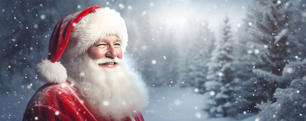Santa Claus smilling portrait in winter landscape, snowy panorama. Generative Ai.